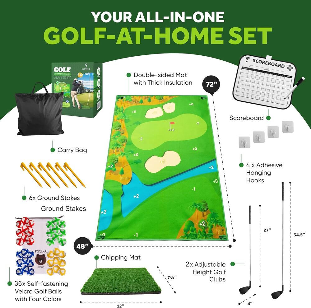 New Indoor or Outdoor Battle Golf Game with Dual Sided Mat, 2 Clubs and 36 Balls